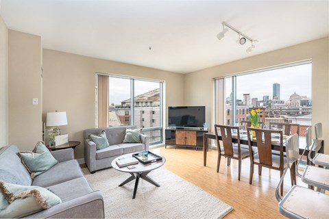 50 WB's furnished apartment showing a living room with a couch and a table and a large window